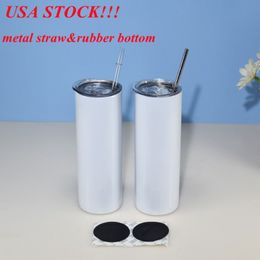 Local warehousesublimation tumbler 20oz straight tumbler with metal straw rubber bottom blank skinny cup stainless steel mug US 197R