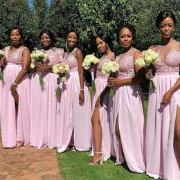 New A line Chiffon Blush Pink Bridesmaid Dresses African Black Girl Party Prom Dresses Long Cheap Split Front Wedding guest Dress237z