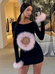 Casual Dresses Elegant Feather Patchwork Cut Out Mini Dress For Women Contrast O Neck Long Sleeve Slim Lady Chic Party Evening Vestidos