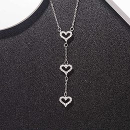 Sterling Silver s925t family tassel love necklace womens three hearts inlaid with Diamond Heart Pendant clavicle chain Valentines Day