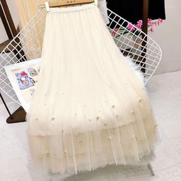 Skirts Simple Elegant Fashion Fairy Pleated Skirt Women's Solid Elastic High Waist Mid Length Patchwork Bead Mesh Half