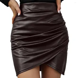 Skirts Faux Leather Mini Women Zipper Closure Asymmetric Hem High Waist Ruched Skirt Streetwear