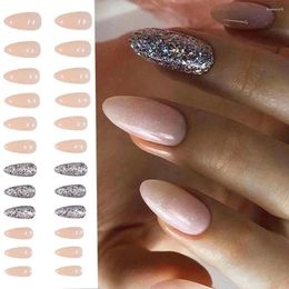 False Nails Almond French Long Fake Nials Glitter Detachable Press On Women