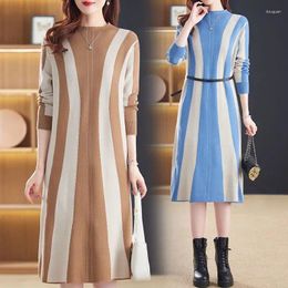 Casual Dresses Women Striped Patchwork Knit Dress 2024 Autumn Winter Clothes Fashion Elegant O-neck Knee-length Female Bottom Sweater