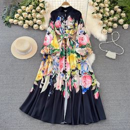 Casual Dresses Spring Holiday Flower Linen Dress Women Stand Long Lantern Sleeve Floral Print Single Breasted Belt Party Maxi Vestidos 2024