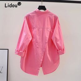 Womens Simple Casual Asymmetrical Oversized Cotton Button Up Tunic Shirts Solid Long Sleeve Streetwear Top Blouse Blusas Mujer 240301
