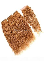 Brazilian Virgin Hair Wet Wavy 27 Colored Blonde Human Hair 3 Bundles With Closure Honey Blonde Water Wave Weaves With 4x4 Lace C6503453