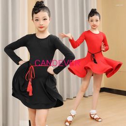 Stage Wear Latin Dance Dress For Girls Long Sleeve Skirt Competition Ballroom Dancing Salsa Samba Tango Fringe Practise Costume Kids Child