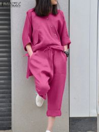 Capris Summer 3/4 Sleeve Blouse Suits 2pcszanzea Two Piece Sets Women's Tracksuit Casual Loose Matching Sets Vintage Solid Pant Sets