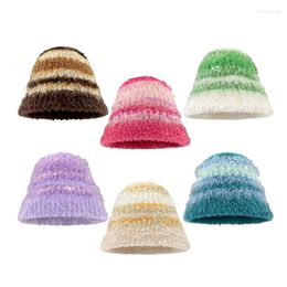 Berets Winter Plush Crochet Bucket Hat Ladies Commute Camping Fisherman With Striped Pattern For Girlfriend Christmas Gift