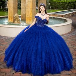 Blue Off Shoulder Princess Quinceanera Dresses Beads Tiered Tull Lace-up Prom vestido de 15 Sweet 16 Birthday XV Ball Gown Cinderella Girl Dress