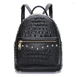 School Bags Women Backpacks Genuine Leather Cowhide Fashion Rivet High Quality Crocodile Skin Pattern Designer Large Capacity Travel