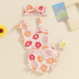 Clothing Sets Boho Baby Girl Summer Clothes Born Waffle Knit Sleeveless Floral Romper Ruffle Trim Shorts Headband Outfit