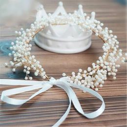 Vintage Wedding Bridal Crystal Rhinestone Headband Ribbon Pearl Headpiece Hair Band Gold Accessories Jewellery Crown Tiara Princess 282M