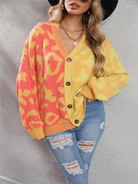 Women's Knits Knitted Cardigan Sweater Leopard Print Color Patchwork Oversized Button Up V-neck Yellow Pink Purple Casual Cardigans