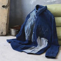 Men's T Shirts Traditional Handmade Blue Dyed Shirt Retro Amekaji Stitching Trenddy High Street Long Sleeve Trend Fashion Tops