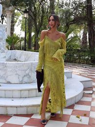 Casual Dresses Embroidery Tassles Patchwork V-neck Sling Maxi Dress Women Long Sleeve Backless Split Out Vestidos Female Beach Street Robes