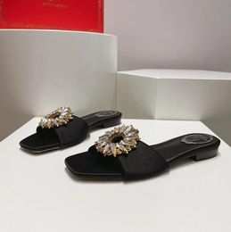 Rene Caovilla Crystal Flowers Embellished Buckle Flat Slides Slippers Mules Fashion Sandals Open Toes Designer for Women Holiday Flats sandal high quality shoe box