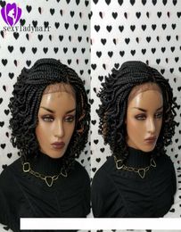 H Top Quality 1b Black Micro Braiding With Curly Tips Synthetic Lace Front Wigs Black Short Braided Wig Heat Resistantr Hair For B5142848