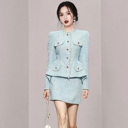 High Quality Autumn Casual Women Tweed 2 Two-Piece Set O-Neck Long Sleeve Single Breasted Jacket A Line Skirt Set 240305