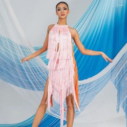 Stage Wear Pink Orange Patchwork Latin Fringed Dress Women Samba Chacha Dance Performance Dresses Adults Competition 9746