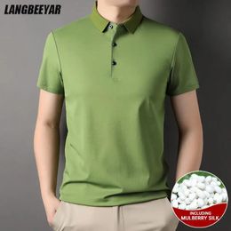 Top Grade 47% Mulberry Silk Summer Brand Luxury Polo Men Shirt Short Sleeve Plain Casual Tops Fashions Clothes 240227