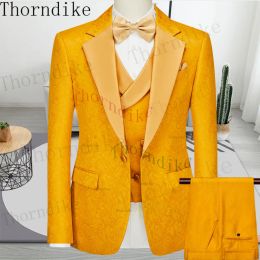 Suits Thorndike 2022 New Fashion Formal Yellow Jacquard Male Slim Fit Suit Party Notch Lapel Groom Wedding Tuxedo Prom Suit For Men