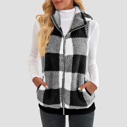 Frühling Plaid Dicke Doublefaced Fleece Weste Jacke Frauen Casual Vielseitige Stehkragen Ärmel Tasche Zip Strickjacke Weibliche 240229