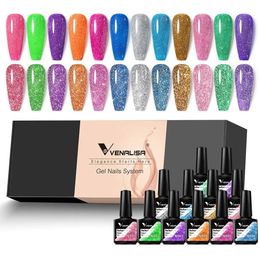 12pcskit Venalisa Reflective Frash Nails Gel Polish Glitter Color French Nail Art Pigment Soak Off UV LED Manicure 240229