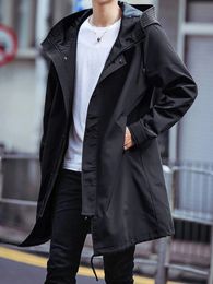 Spring Autumn Long Trench Coat Men Fashion Hooded Windbreaker Black Overcoat Casual Jackets 240229