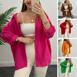 Women's Blouses Breathable Lapel Collar Shirt Stylish Mid-length Blouse Loose Fit Solid Colour Turn-down Buttoned Front For Spring