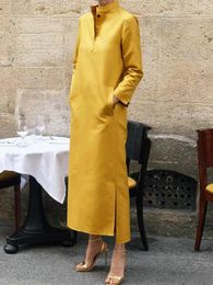 Casual Dresses Yeezzi 2024 Spring Muslim Robe Dress Women Fashion Pockets Solid Colour Long Sleeves Elegant Split-Side Maxi
