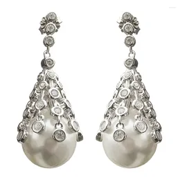 Stud Earrings White Mother Of The Pearl For Women Fine Jewelry 925Sterling Silver With Cubic Zircon Little Tassel
