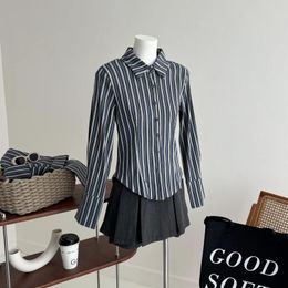 Women's Blouses Striped Shirts Aesthetic Y2k 90s Vintage Harajuku Elegant Fashion Polo-Neck Long Sleeve Shirt 2000s Clothes 2024