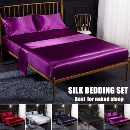 Luxury Pure Satin Silk Bedding Set Soft Reversible Hypoallergenic Bed Sheet Set 3 4 Pcs Flat Sheet Fitted Twin Full Queen King Siz170R
