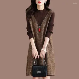 Casual Dresses Women False 2 Pieces Oversize Knit Dress Fashion Half High Collar Warm Loose Female Knee-length Bottom Long Sweater