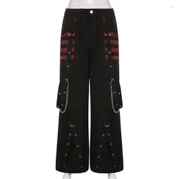 Women's Pants Y2K Chains Women Cargo With Pockets 2024 Spring Fashion Design Punk Goth High Waisted Casual Straight Pant Female Trousers