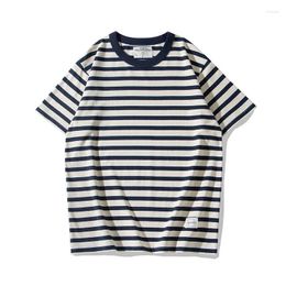 Men's T Shirts Amekaji Thick Heavy T-Shirt Men 2024 Summer Casual Cotton Round Neck Sea Soul Shirt Vintage Striped Short-Sleeved Tshir