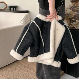 Jackets Girl Coat Korean Version Children Winter Girls Foreign Loose Handsome Motorcycle Splicing Fur Inside Leather