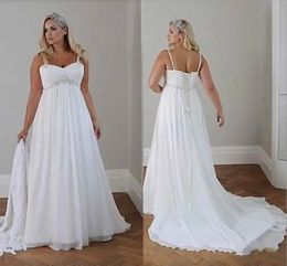 Plus Size Modest Dresses Beach Wedding Chiffon A Line Floor Length Spaghetti Straps Lace Up Back Simple Elegant Boho Bridal Gowns White Wed Dress for Bride