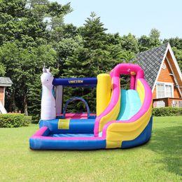 Barn utomhusspel set uppblåsbar pool slid studsa hus vatten glid jumper park bouncy slott med vattenrutschid enhörning tema bouncer med fläkthus och trädgård