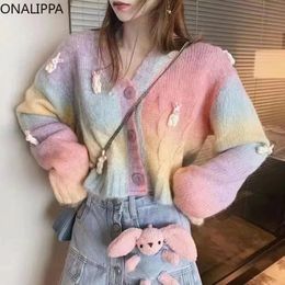 Onalippa Rainbow Colour Contrast Sweet Knitted Cropped Cardigan Three Dimensional Rabbits Cardigans Slouchy Style Loose Sweater 240228