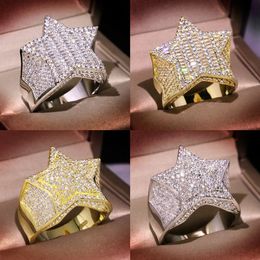 Mens Gold Ring Stones Iced Out Five-pointed Star Fashion Hip Hop Silver Rings Jewelry233D