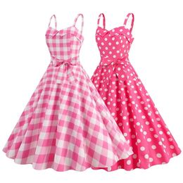 Women Vintage e Pink Plaid Dress Retro Rockabilly Strap Suspenders Cocktail Party 1950s 40s Swing Summer Dresses 240228