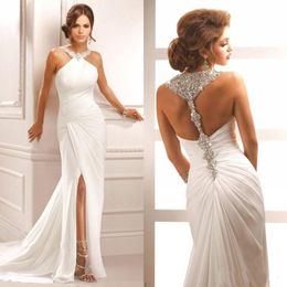 Sparkling Halter Crystal Beading Evening Dresses Slit Sleeveless Pleat Mermaid Long Chiffon Formal Prom Party Gowns316I