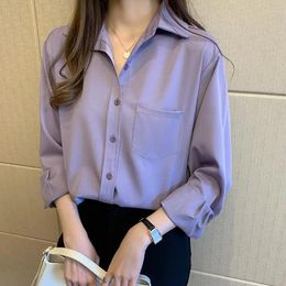 Women's Blouses Retro Purple Long Sleeve Solid Colour Shirt Simple Chiffon Tops And Blouse Women Elegant Clothing Blusas Mujer Q495