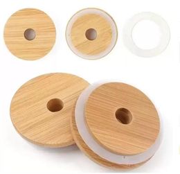 Web celebrity Tik Tok Bamboo Cap Lids 70mm 88mm Reusable Wooden Mason Jar Lid with Straw Hole and Silicone Seal DHL Delivery7487027