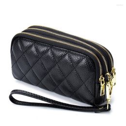 Wallets Women Long Wallet Genuine Leather 3-layer Zipper Purse Bag Large Capacity Wristlet Clutch Phone Solid Colour Money Clip211Q