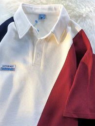 Men's T Shirts Vintage Waffle Shirt Contrast Color Stitching Short-sleeved T-shirt Men Women American Summer Loose Jersey