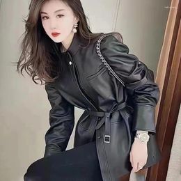 Women's Leather Genuine Jacket Mid Length 2024 Spring And Autumn Waistband Slim Fit Sheep Standing Collar Trench